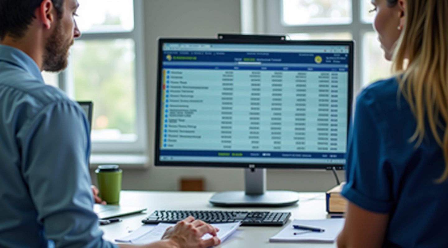 Computer screen viser finansielle data og diagrammer på et moderne skrivebord
