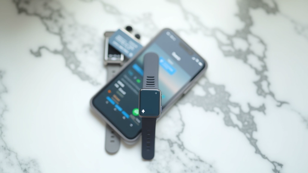 Moderne smartwatch og telefon viser bankapp og kalendernotifikationer, elegant arrangement