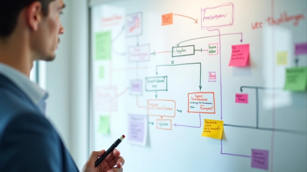 Kompleks flowchart og diagrammer på papir med farvede streger og markeringer