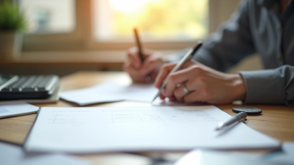 Handskrevne noter i notesbog med pen og finansielle dokumenter på skrivebord