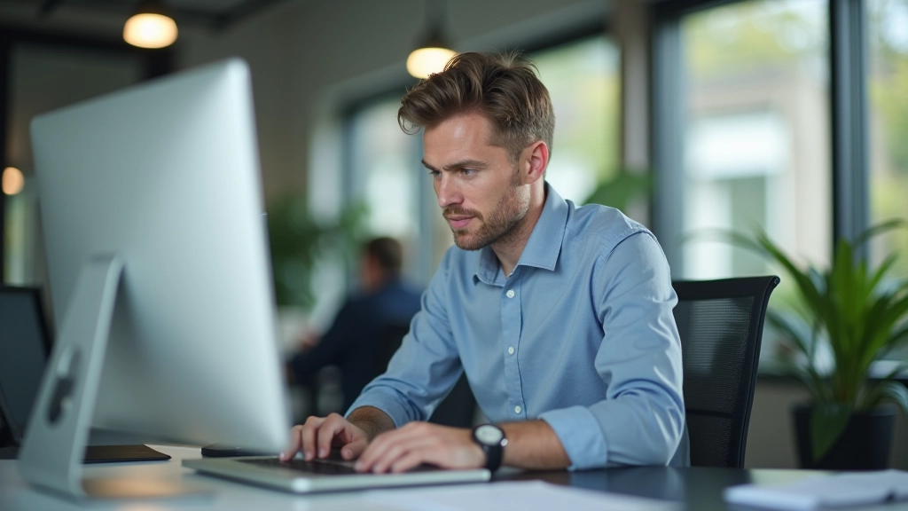 Person der analyserer data på computerSkærm med grafer og finansielle dokumenter