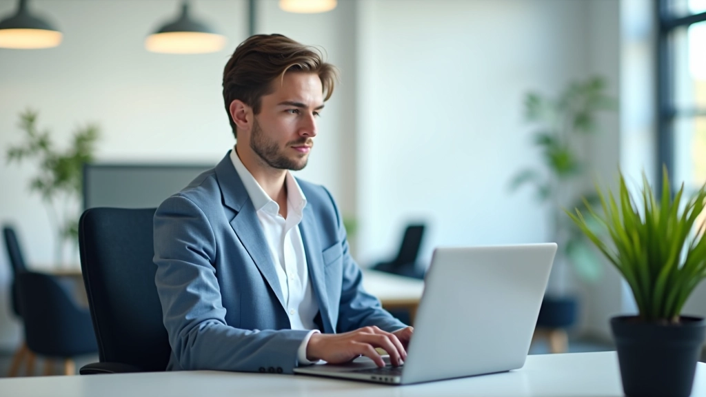Person ved computeren, kigger på finansielle dashboards og rapporter på skærmen, moderne kontor, dagslys fra vindue