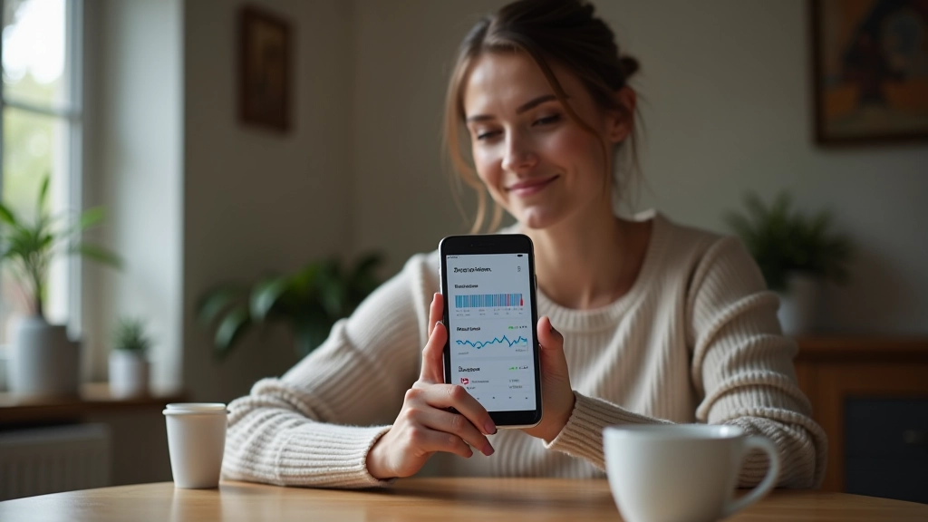 Person ser på smartphone med dashboard for automatiseret budgetovervågning, moderne interiør baggrund