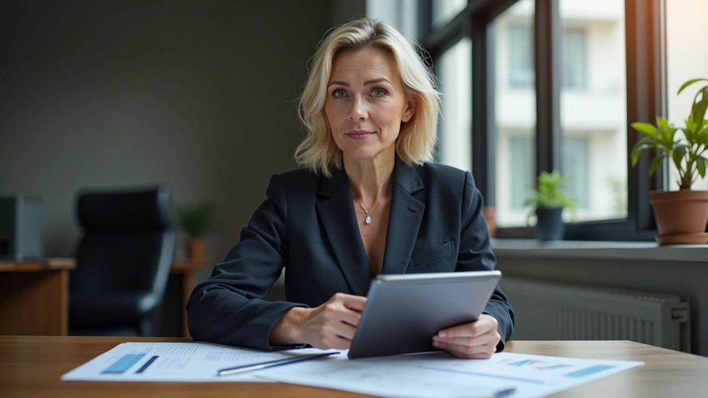 Kvinde siddende ved skrivebord med tablet og finansielle dokumenter, dagslys fra vindue